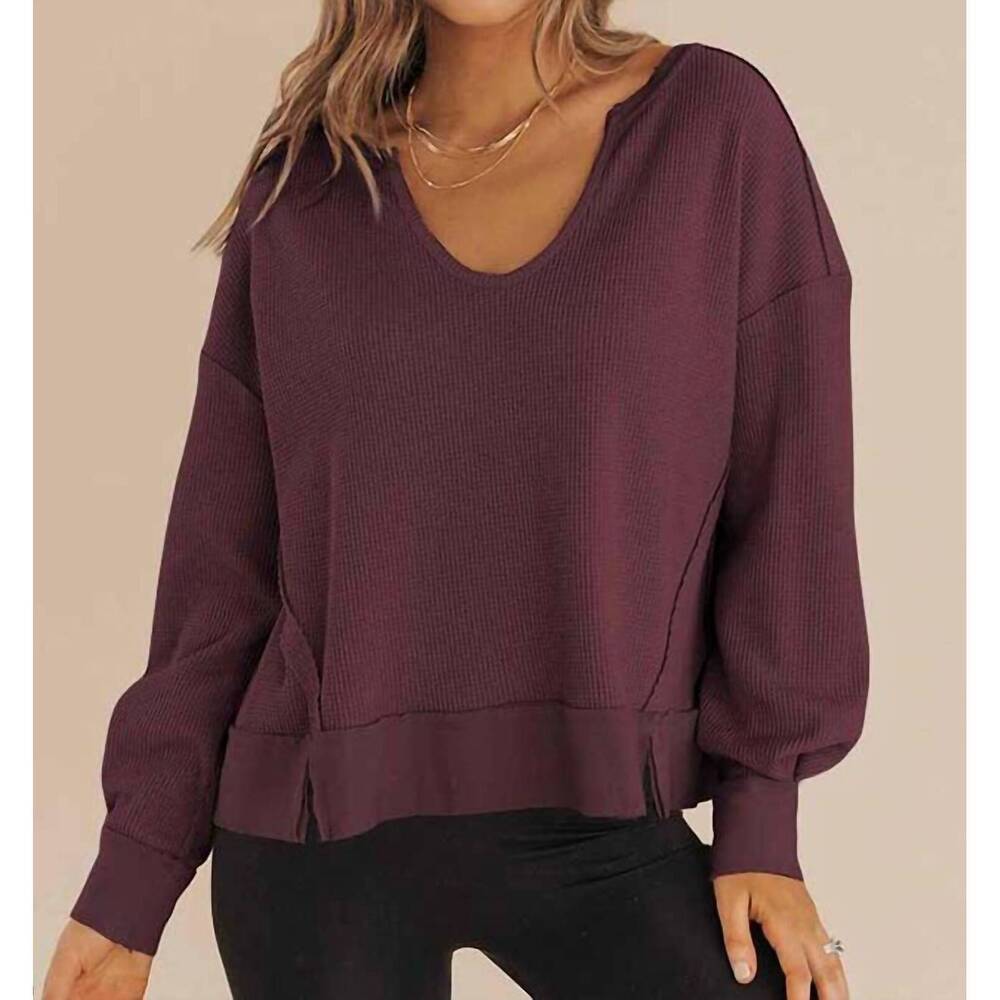 NEW T & C  APPAREL waffle knit long sleeve sweatshirt in burgundy